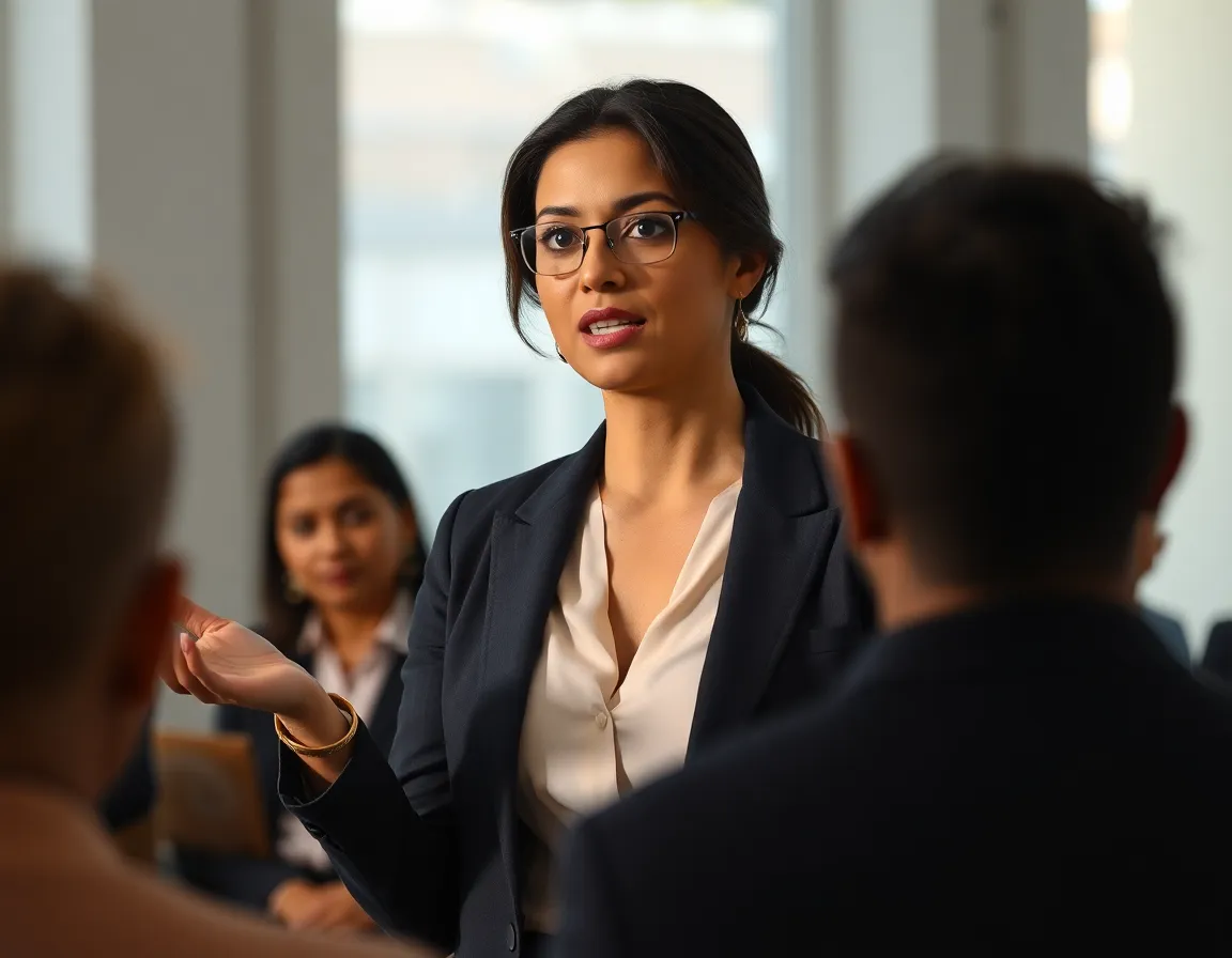 A confident female executive presenting powerfully to an audience, demonstrating strong executive presence.