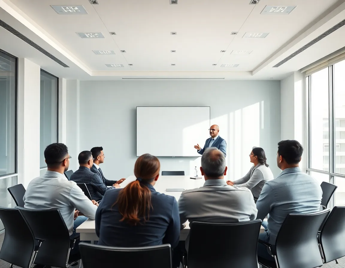 Dr. Vikram Malhotra addressing a group of executives in a modern, well-lit conference room.