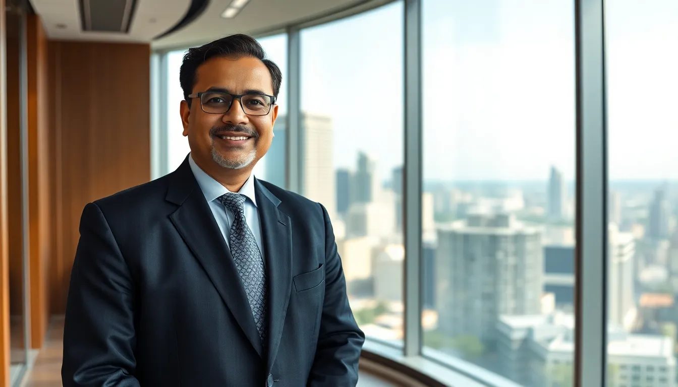 Portrait of Dr. Vikram Malhotra, founder of LeaderEdge, a distinguished man in a dark suit standing in a modern office with a view of a city skyline.